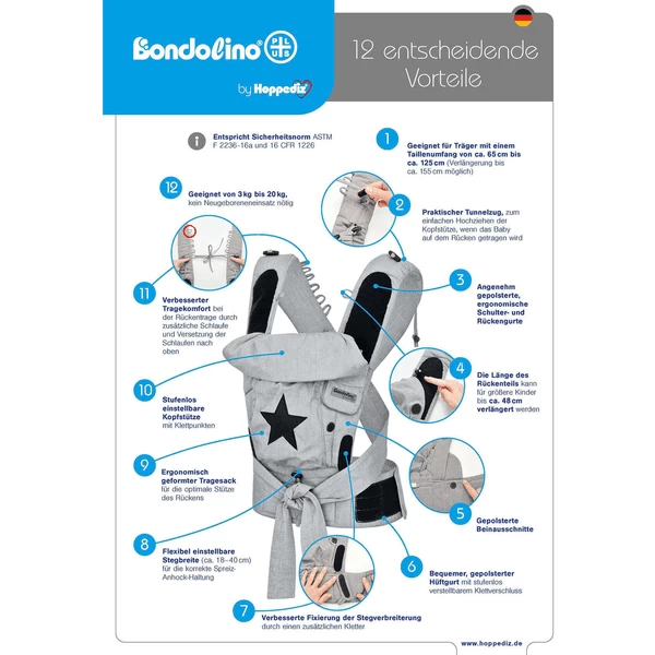 Hoppediz Draagzak Bondolino Plus Popeline Marine Grijs - Afbeelding 3