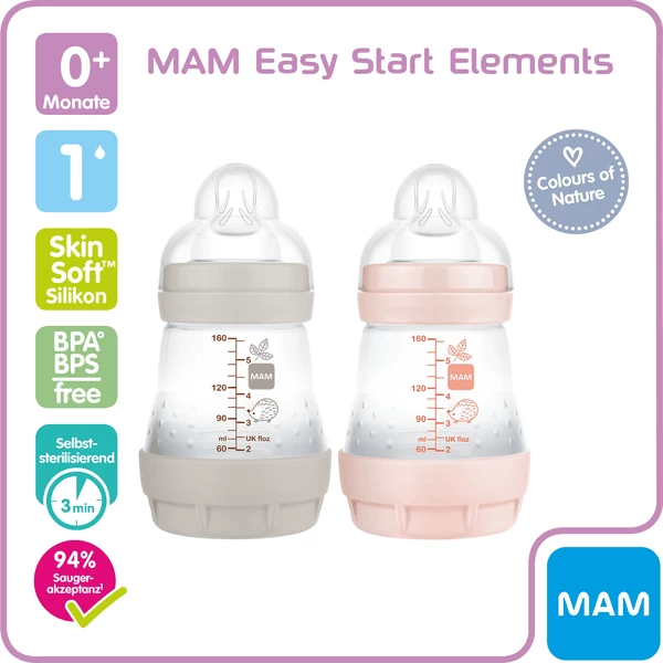 MAM Babyfles Easy Start Anti-koliek-Elementen 160 Ml 2 Stuks Konijn/uil In Grijs/roze - Afbeelding 2