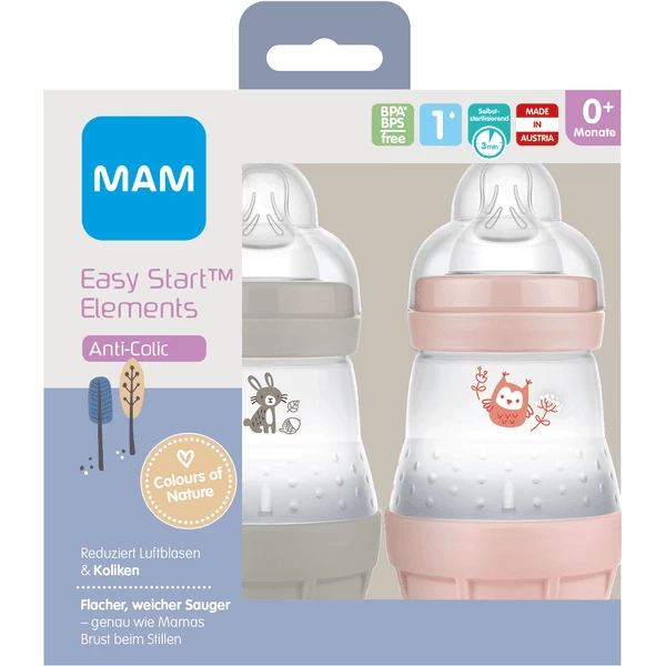 MAM Babyfles Easy Start Anti-koliek-Elementen 160 Ml 2 Stuks Konijn/uil In Grijs/roze - Afbeelding 3