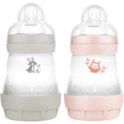 MAM Babyfles Easy Start Anti-koliek-Elementen 160 Ml 2 Stuks Konijn/uil In Grijs/roze