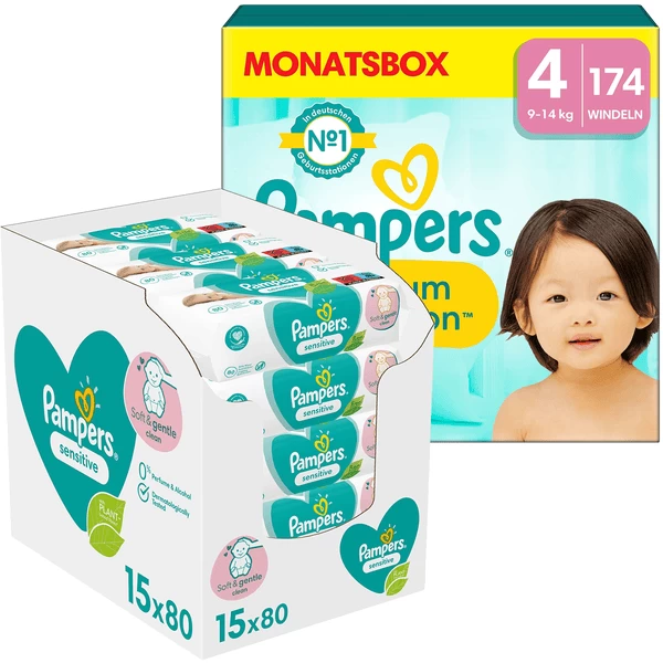 Pampers® Pampers Premium Protection , Maat 4, 9-14kg, Maandbox (1x 174 Luiers) En Pampers Sensitive Natte Doekjes 1200 Doekjes (15 X 80 Stuks) - Afbeelding 5
